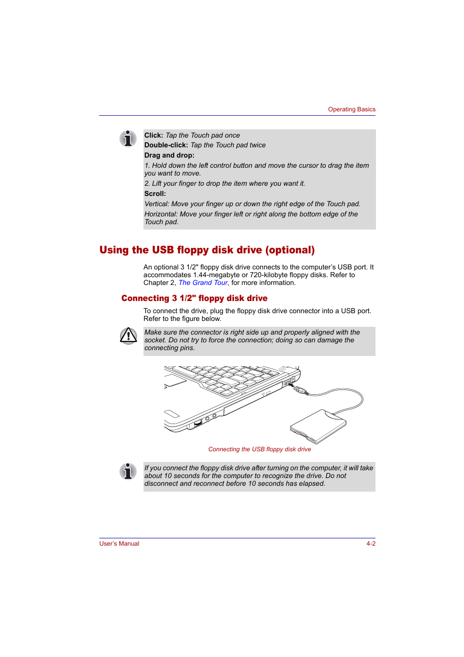 Using the usb floppy disk drive (optional), Connecting 3 1/2" floppy disk drive, Using the usb floppy disk drive (optional) -2 | Connecting 3 1/2" floppy disk drive -2 | Toshiba Tecra A2 User Manual | Page 68 / 198