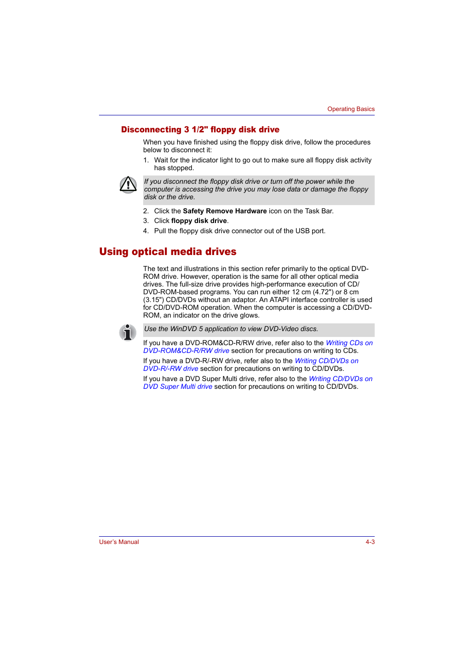 Disconnecting 3 1/2" floppy disk drive, Using optical media drives, Disconnecting 3 1/2" floppy disk drive -3 | Using optical media drives -3 | Toshiba Tecra A2 User Manual | Page 69 / 198