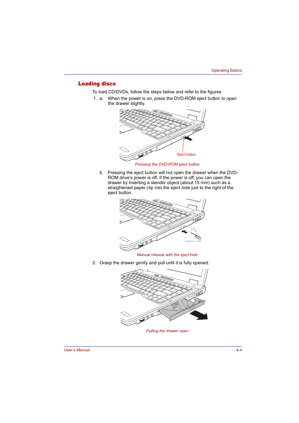 Loading discs, Loading discs -4 | Toshiba Tecra A2 User Manual | Page 70 / 198