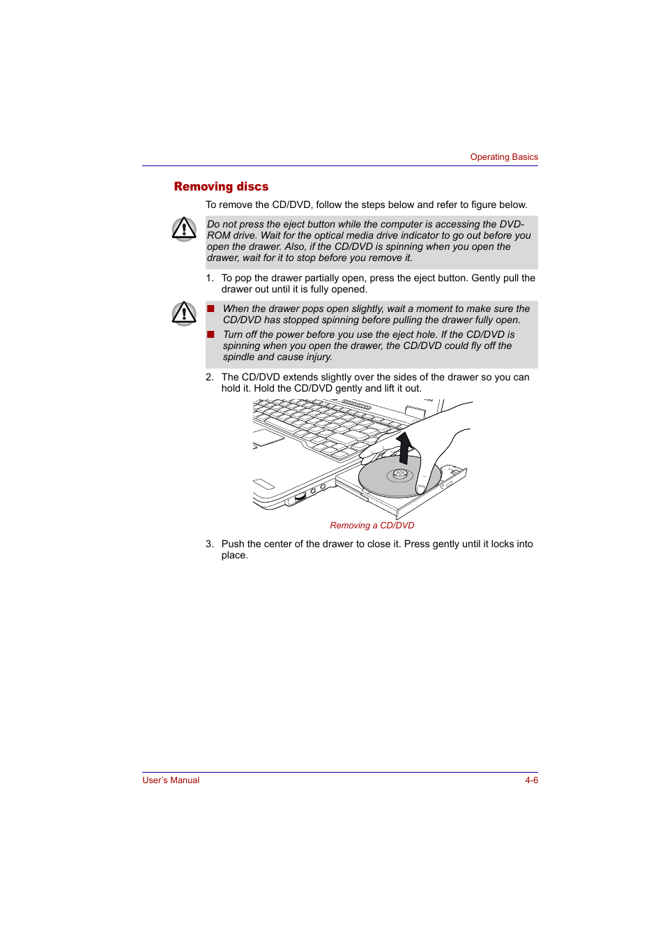 Removing discs, Removing discs -6 | Toshiba Tecra A2 User Manual | Page 72 / 198