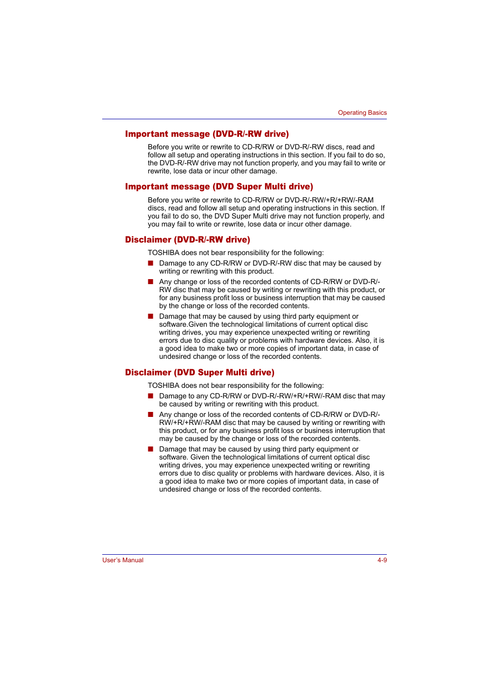 Important message (dvd-r/-rw drive), Important message (dvd super multi drive), Disclaimer (dvd-r/-rw drive) | Disclaimer (dvd super multi drive) | Toshiba Tecra A2 User Manual | Page 75 / 198