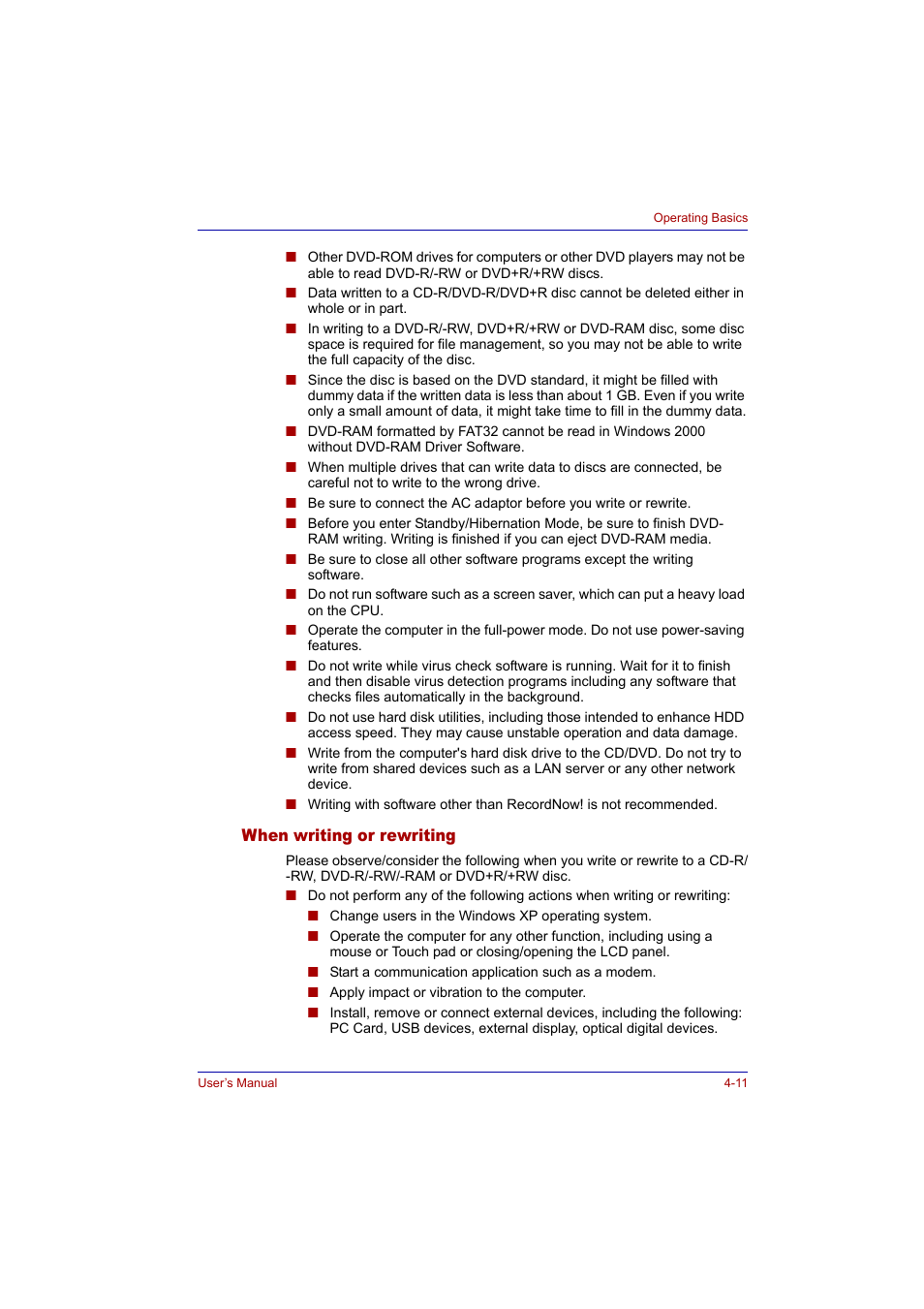 When writing or rewriting, When writing or rewriting -11 | Toshiba Tecra A2 User Manual | Page 77 / 198