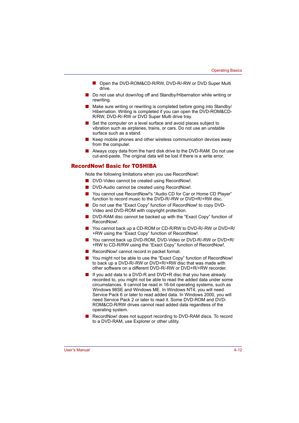 Recordnow! basic for toshiba, Recordnow! basic for toshiba -12 | Toshiba Tecra A2 User Manual | Page 78 / 198