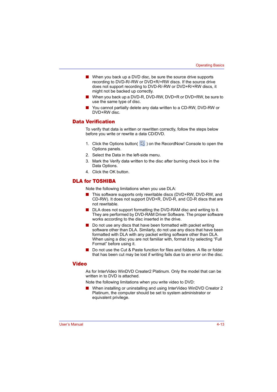 Data verification, Dla for toshiba, Video | Toshiba Tecra A2 User Manual | Page 79 / 198