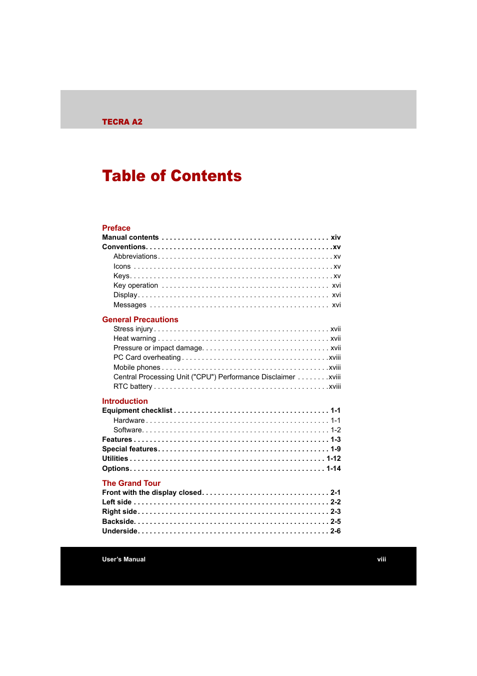 Toshiba Tecra A2 User Manual | Page 8 / 198