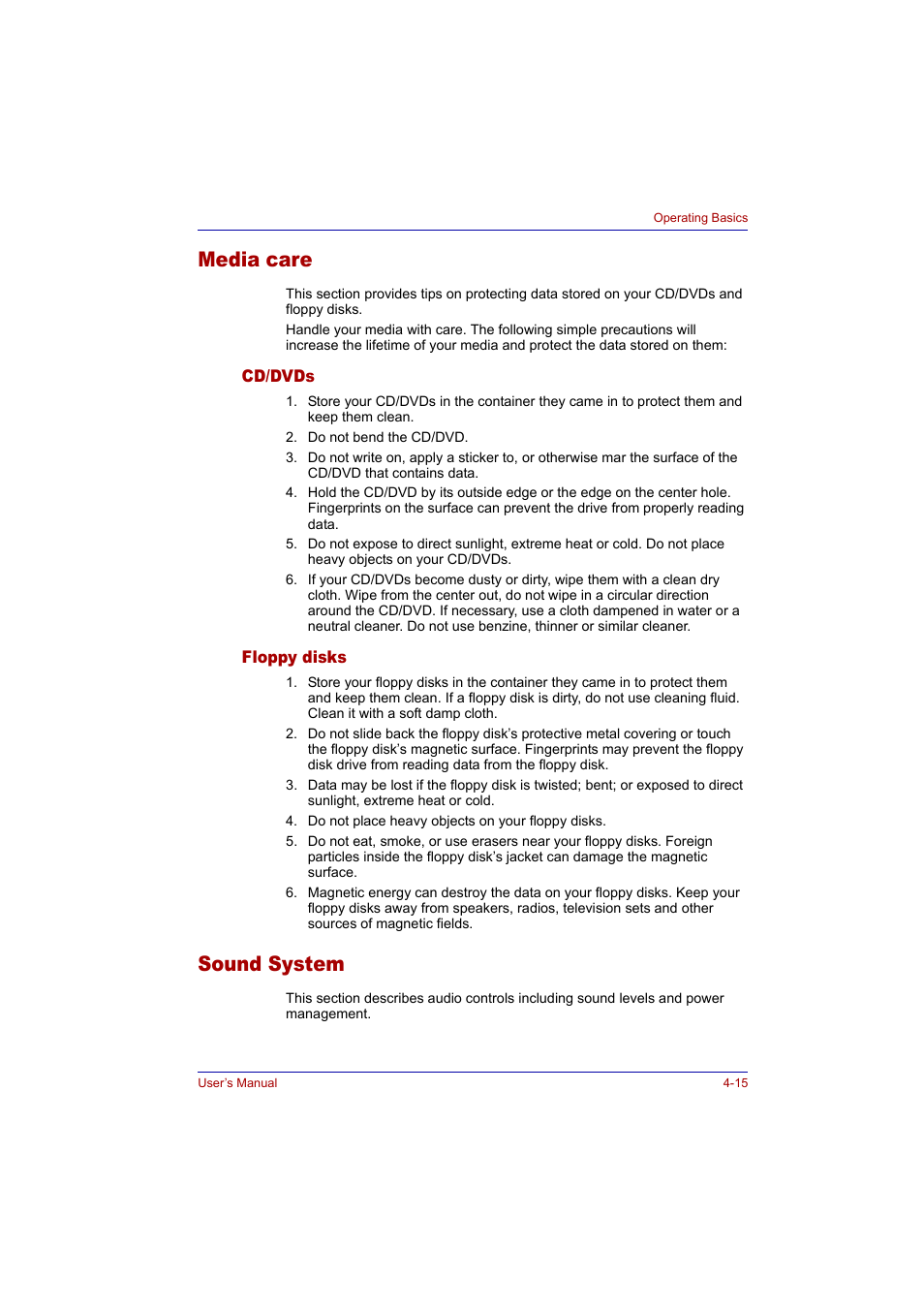 Media care, Cd/dvds, Floppy disks | Sound system, Media care -15, Cd/dvds -15 floppy disks -15, Sound system -15 | Toshiba Tecra A2 User Manual | Page 81 / 198