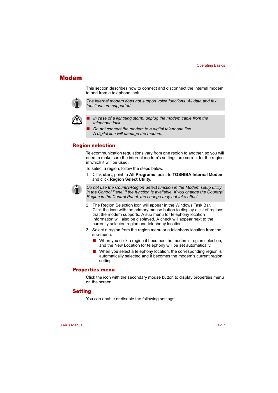 Modem, Region selection, Properties menu | Setting, Modem -17 | Toshiba Tecra A2 User Manual | Page 83 / 198