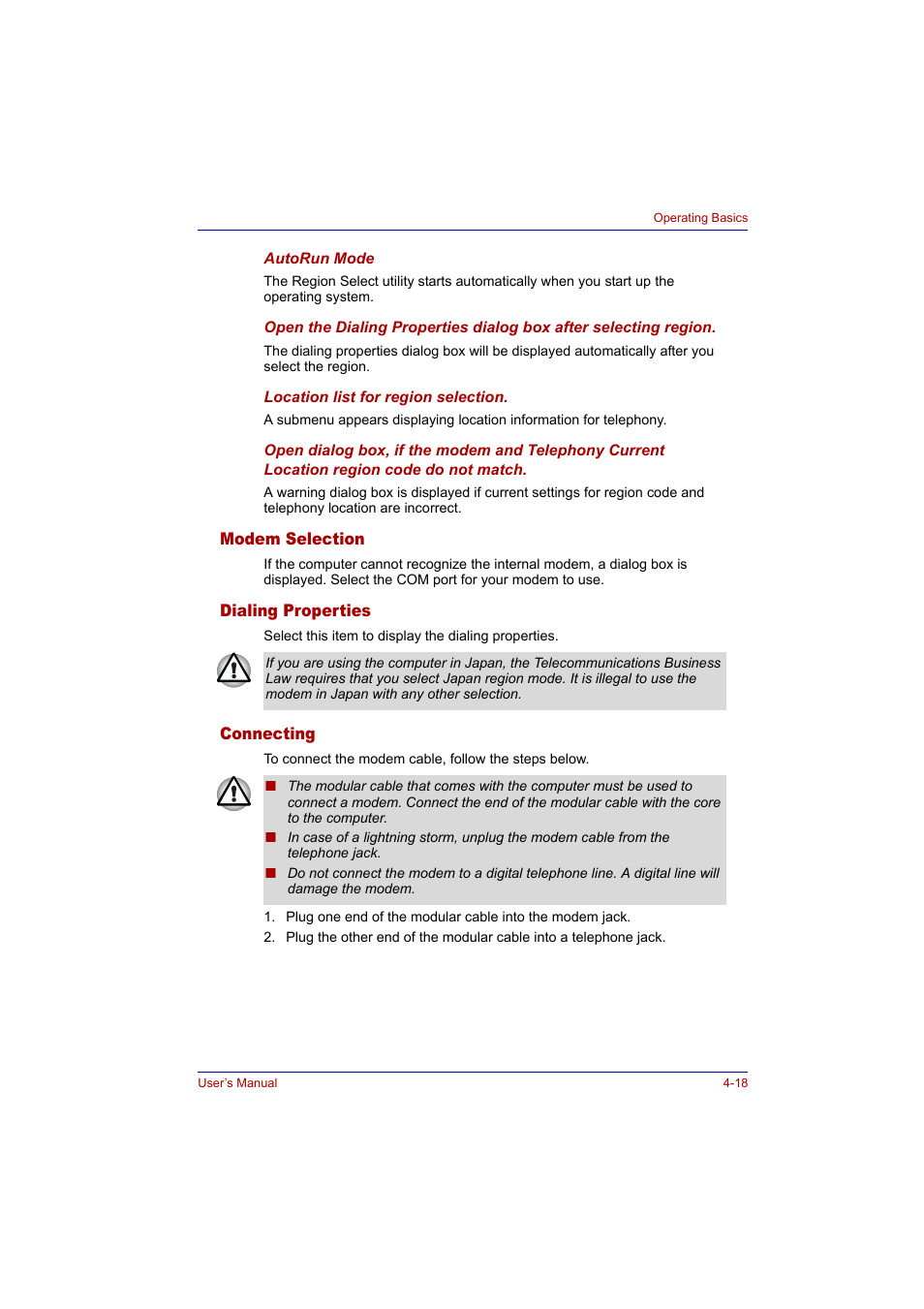 Modem selection, Dialing properties, Connecting | Toshiba Tecra A2 User Manual | Page 84 / 198