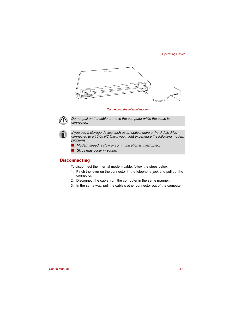 Disconnecting, Disconnecting -19 | Toshiba Tecra A2 User Manual | Page 85 / 198