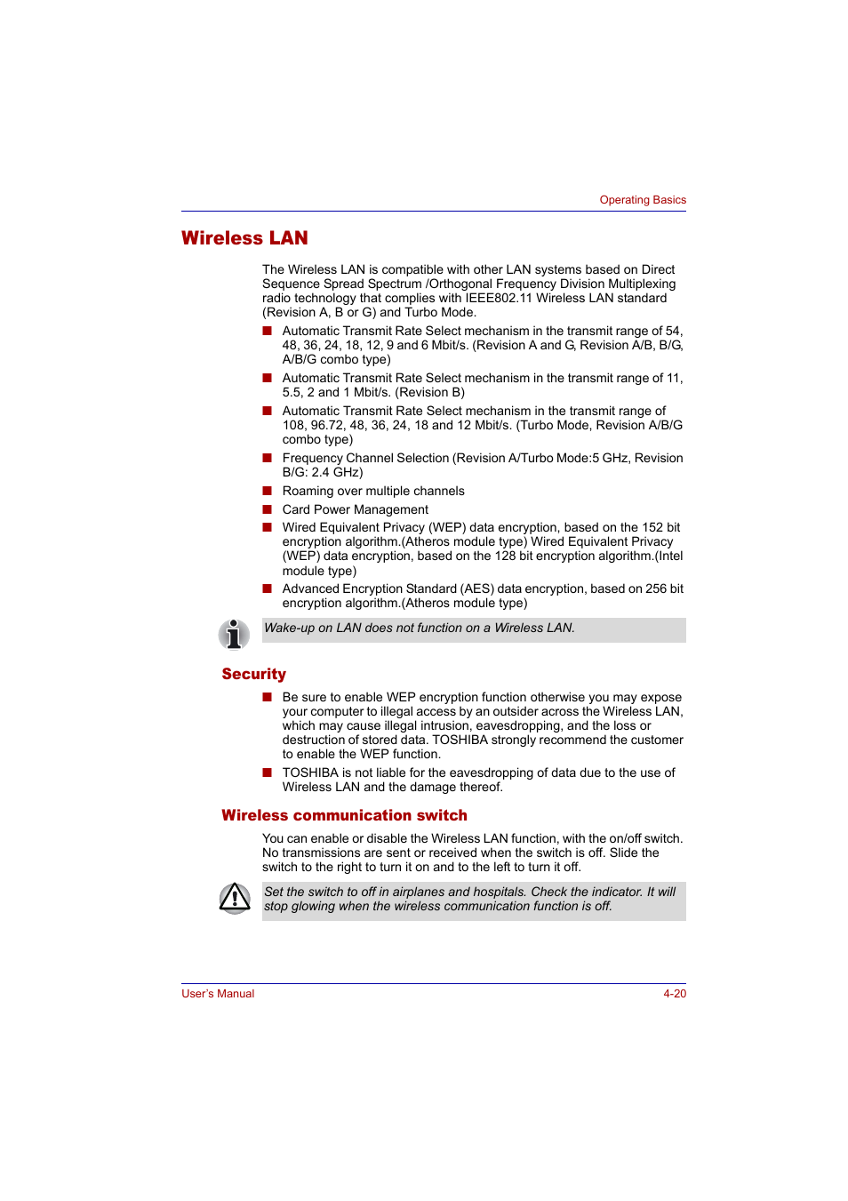 Wireless lan, Security, Wireless communication switch | Wireless lan -20, Wireless communication switch -20 | Toshiba Tecra A2 User Manual | Page 86 / 198