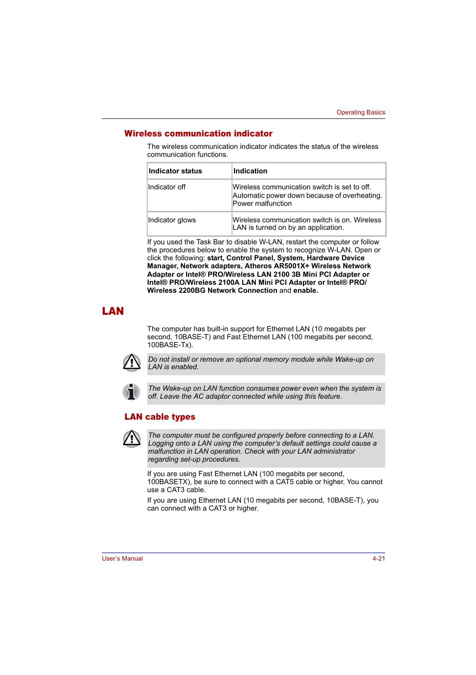 Wireless communication indicator, Lan cable types, Wireless communication indicator -21 | Lan -21, Lan cable types -21 | Toshiba Tecra A2 User Manual | Page 87 / 198