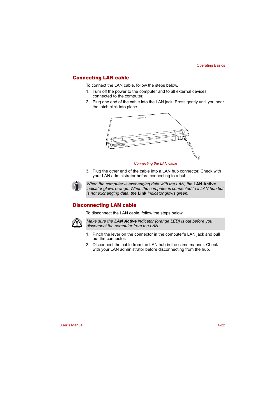 Connecting lan cable, Disconnecting lan cable | Toshiba Tecra A2 User Manual | Page 88 / 198