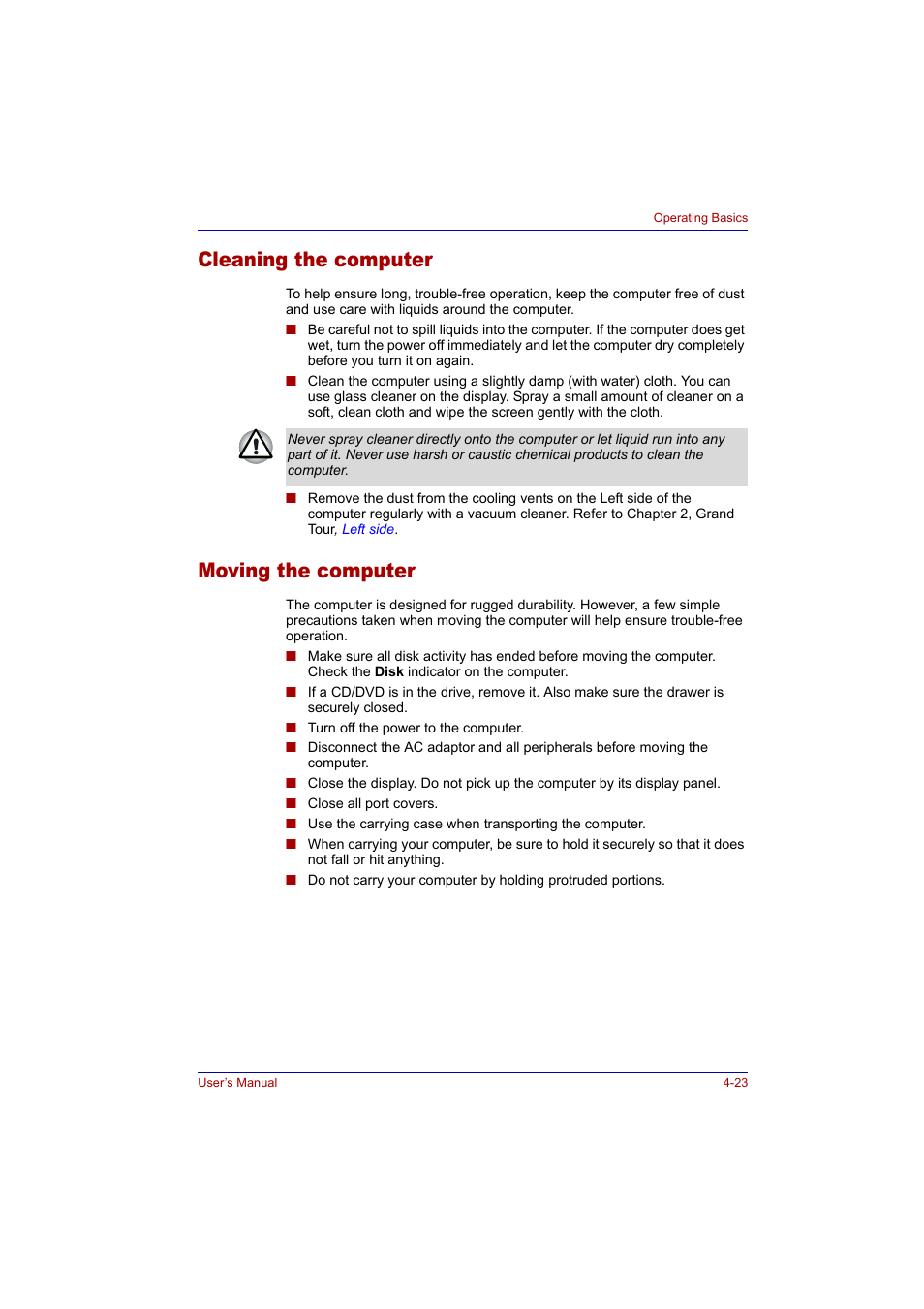 Cleaning the computer, Moving the computer, Cleaning the computer -23 moving the computer -23 | Toshiba Tecra A2 User Manual | Page 89 / 198