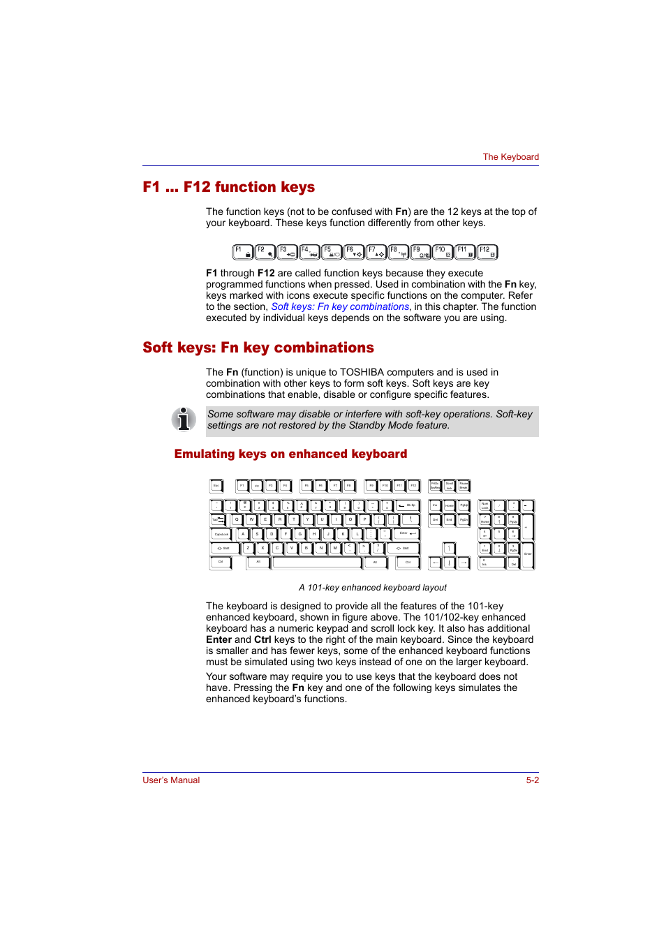 F1 … f12 function keys, Soft keys: fn key combinations, Emulating keys on enhanced keyboard | Emulating keys on enhanced keyboard -2, User’s manual 5-2 the keyboard, A 101-key enhanced keyboard layout | Toshiba Tecra A2 User Manual | Page 92 / 198