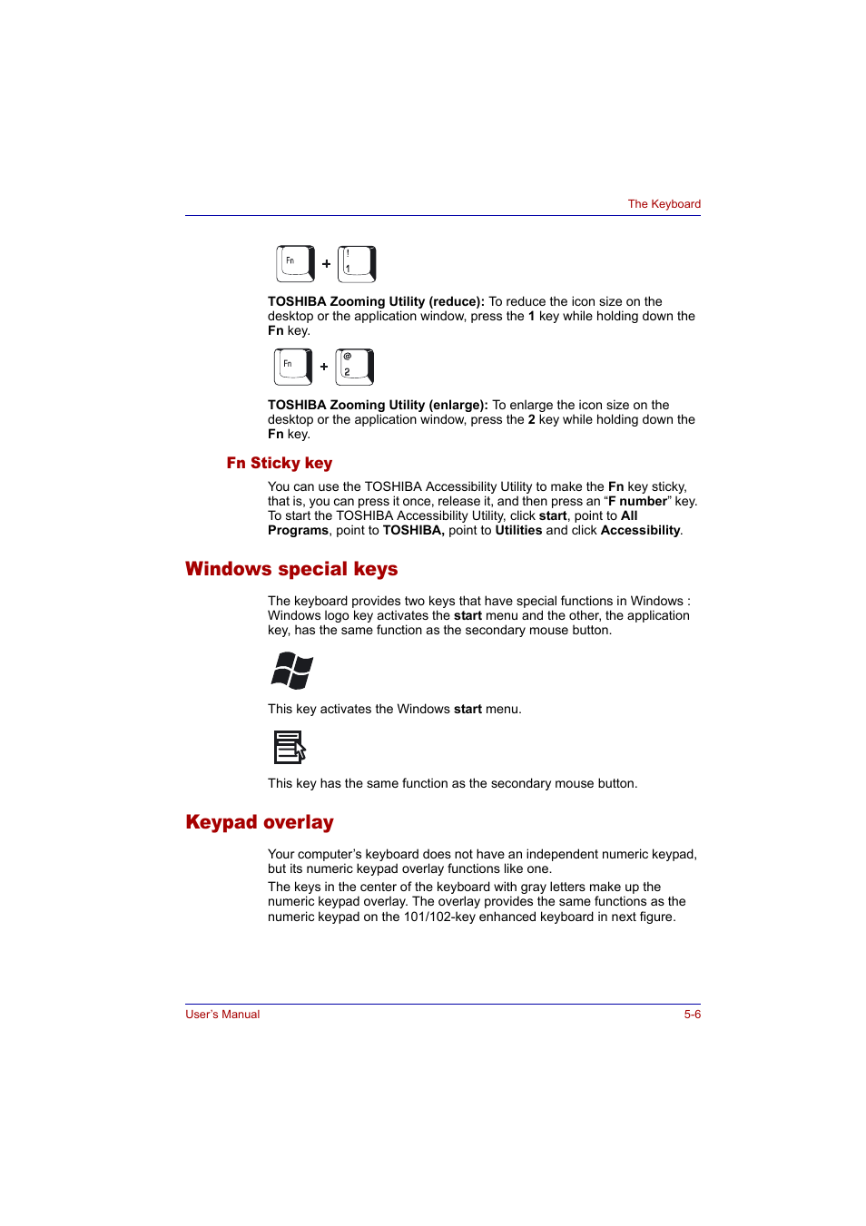 Fn sticky key, Windows special keys, Keypad overlay | Fn sticky key -6, Windows special keys -6 keypad overlay -6, Keypad, Overlay | Toshiba Tecra A2 User Manual | Page 96 / 198