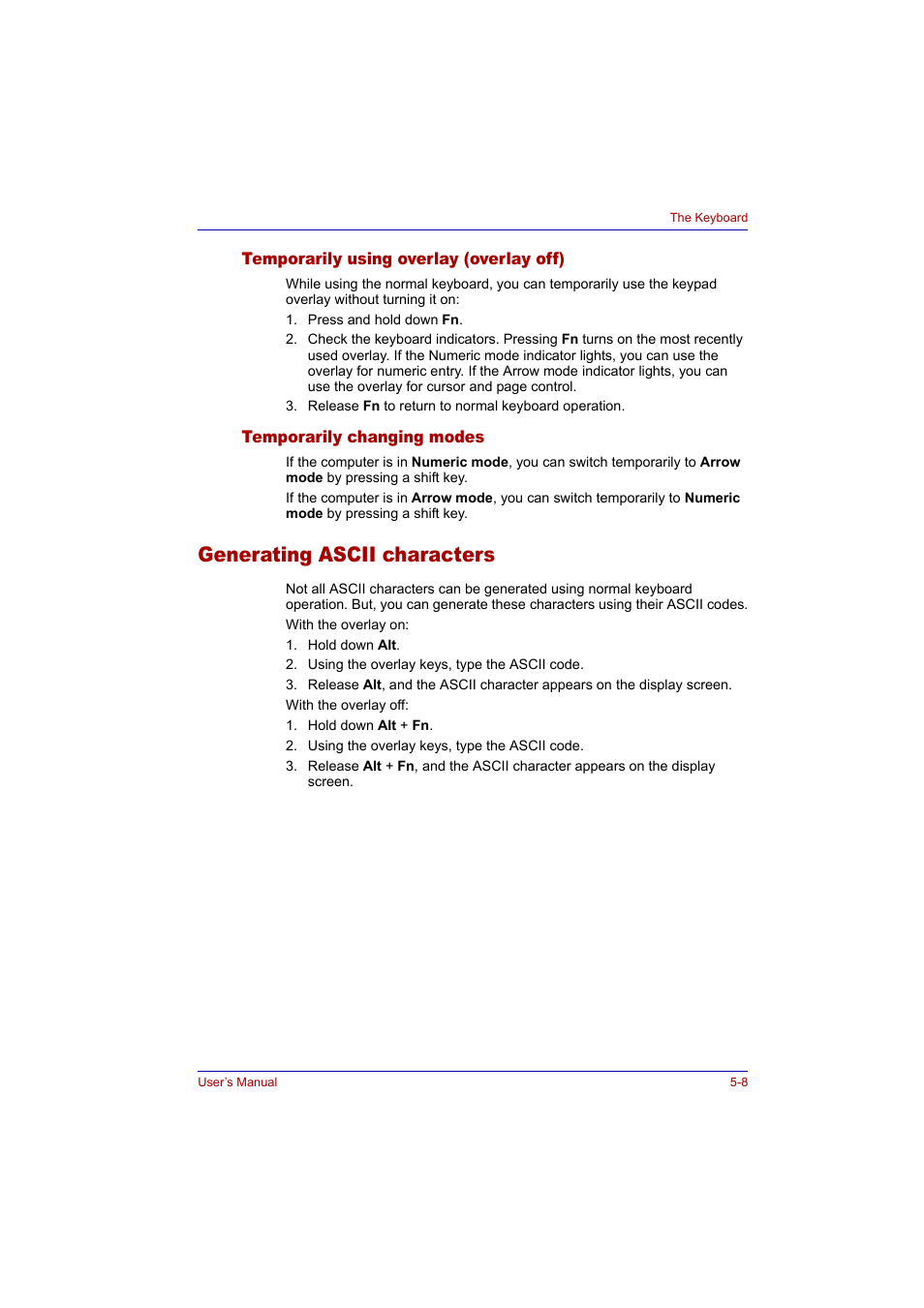 Temporarily using overlay (overlay off), Temporarily changing modes, Generating ascii characters | Generating ascii characters -8 | Toshiba Tecra A2 User Manual | Page 98 / 198