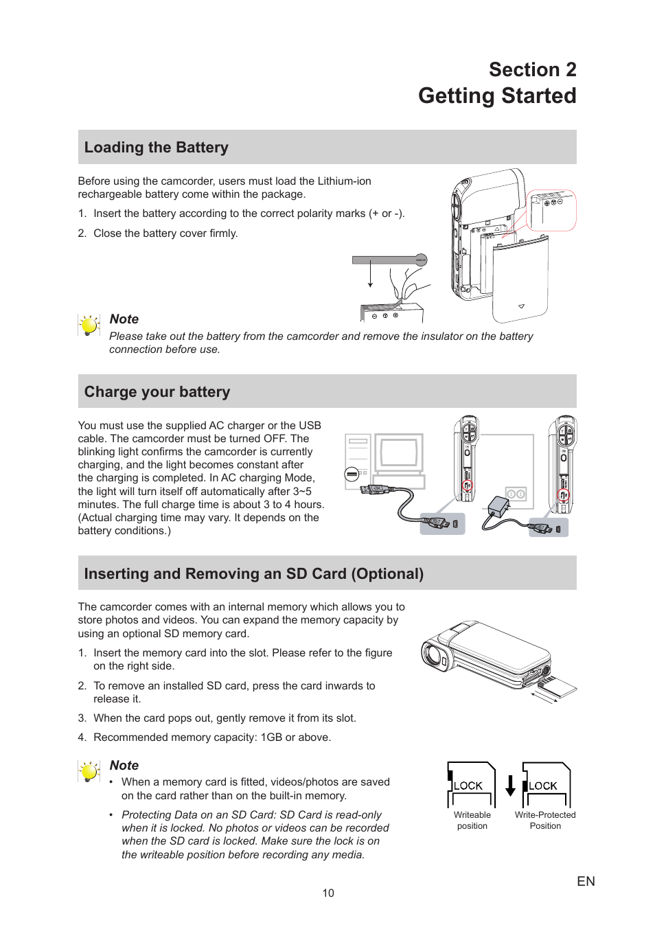 Section 2 getting started, Loading the battery, Charge your battery | Inserting and removing an sd card (optional), Getting started | Toshiba Camileo P100 User Manual | Page 10 / 51