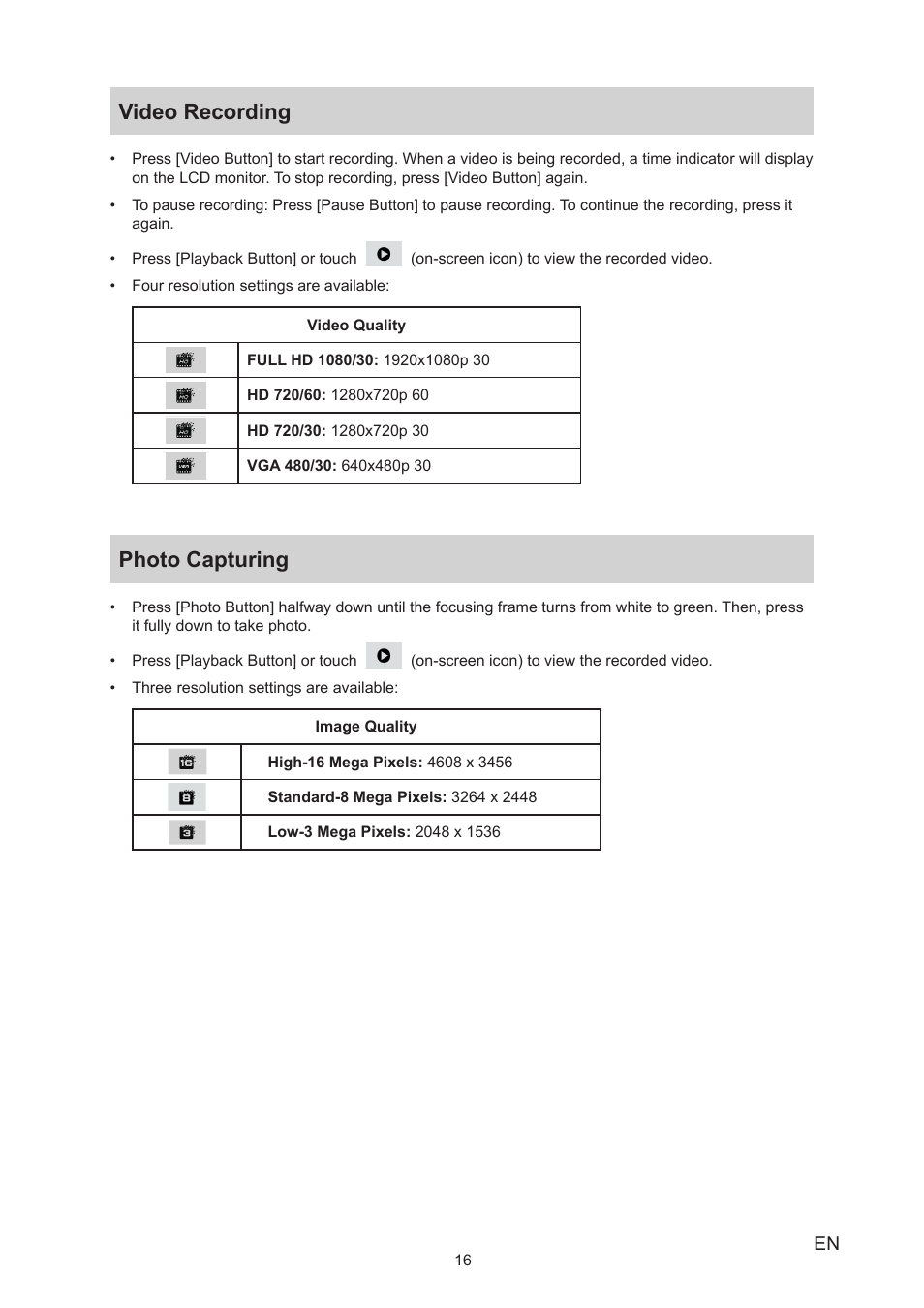 Video recording, Photo capturing, Video recording photo capturing | Toshiba Camileo P100 User Manual | Page 16 / 51