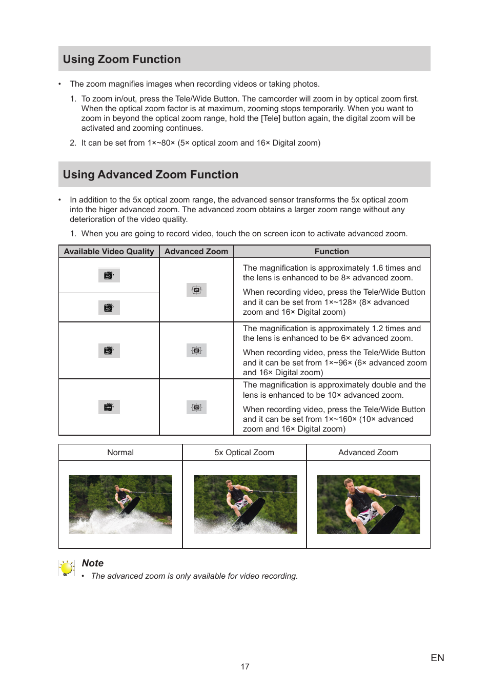 Using zoom function, Using advanced zoom function, Using zoom function using advanced zoom function | Toshiba Camileo P100 User Manual | Page 17 / 51