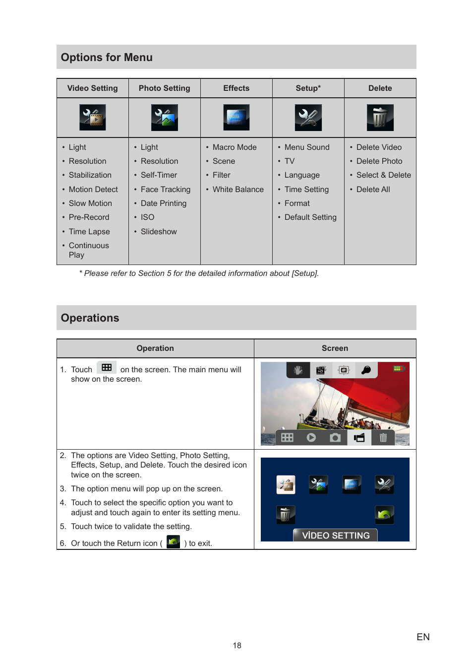 Options for menu, Operations, Options for menu operations | Toshiba Camileo P100 User Manual | Page 18 / 51