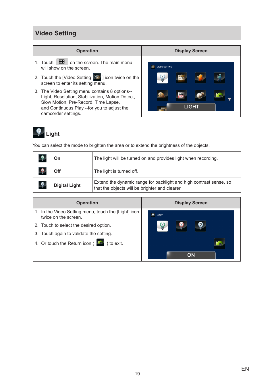 Video setting | Toshiba Camileo P100 User Manual | Page 19 / 51