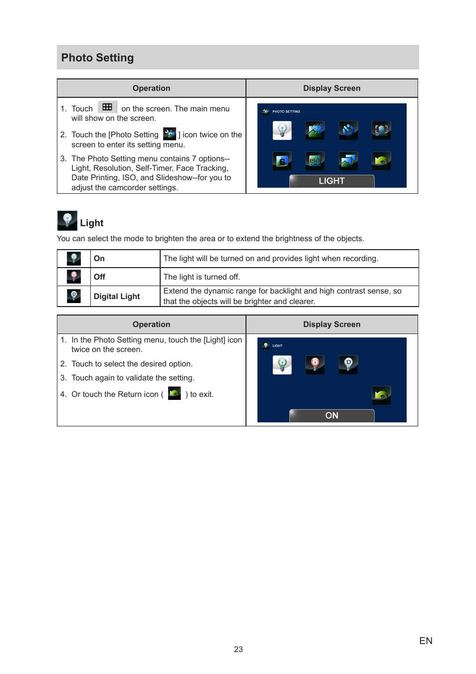 Photo setting | Toshiba Camileo P100 User Manual | Page 23 / 51