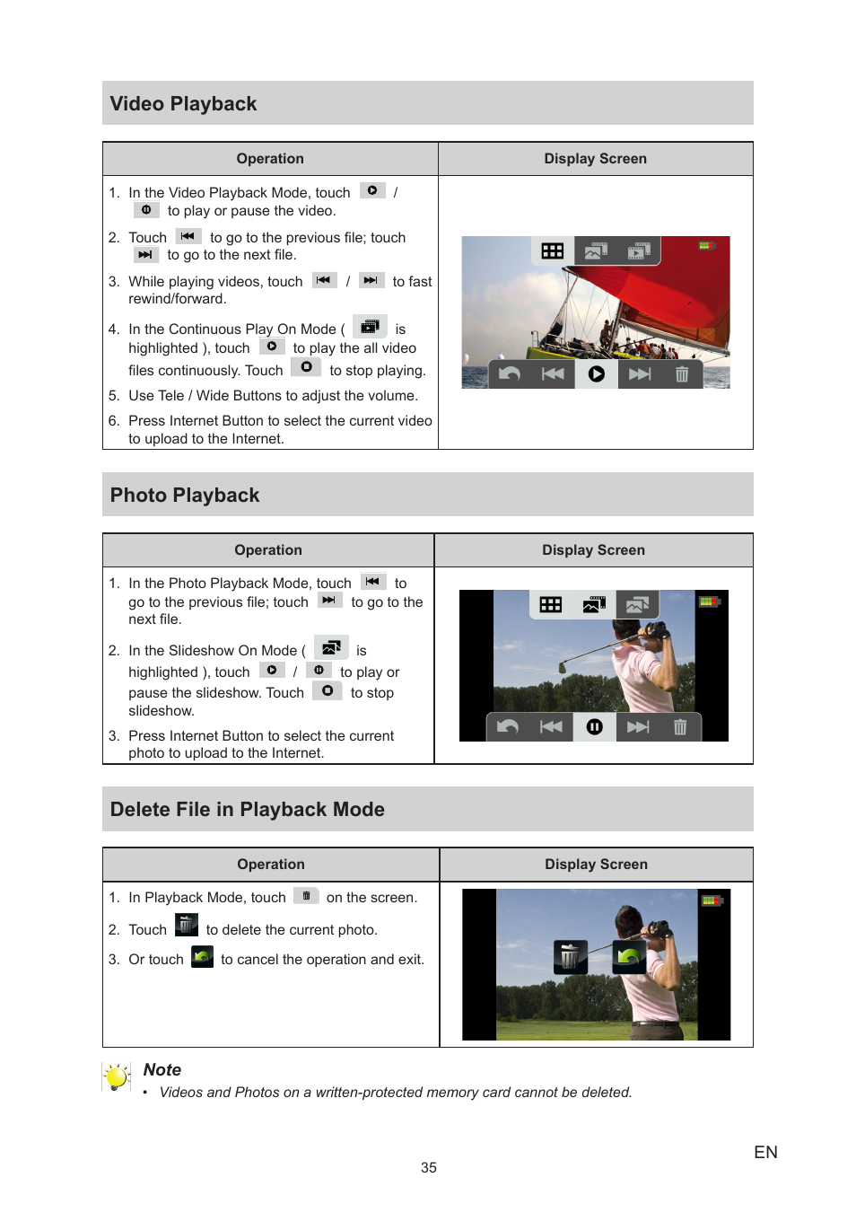 Video playback, Photo playback, Delete file in playback mode | Toshiba Camileo P100 User Manual | Page 35 / 51