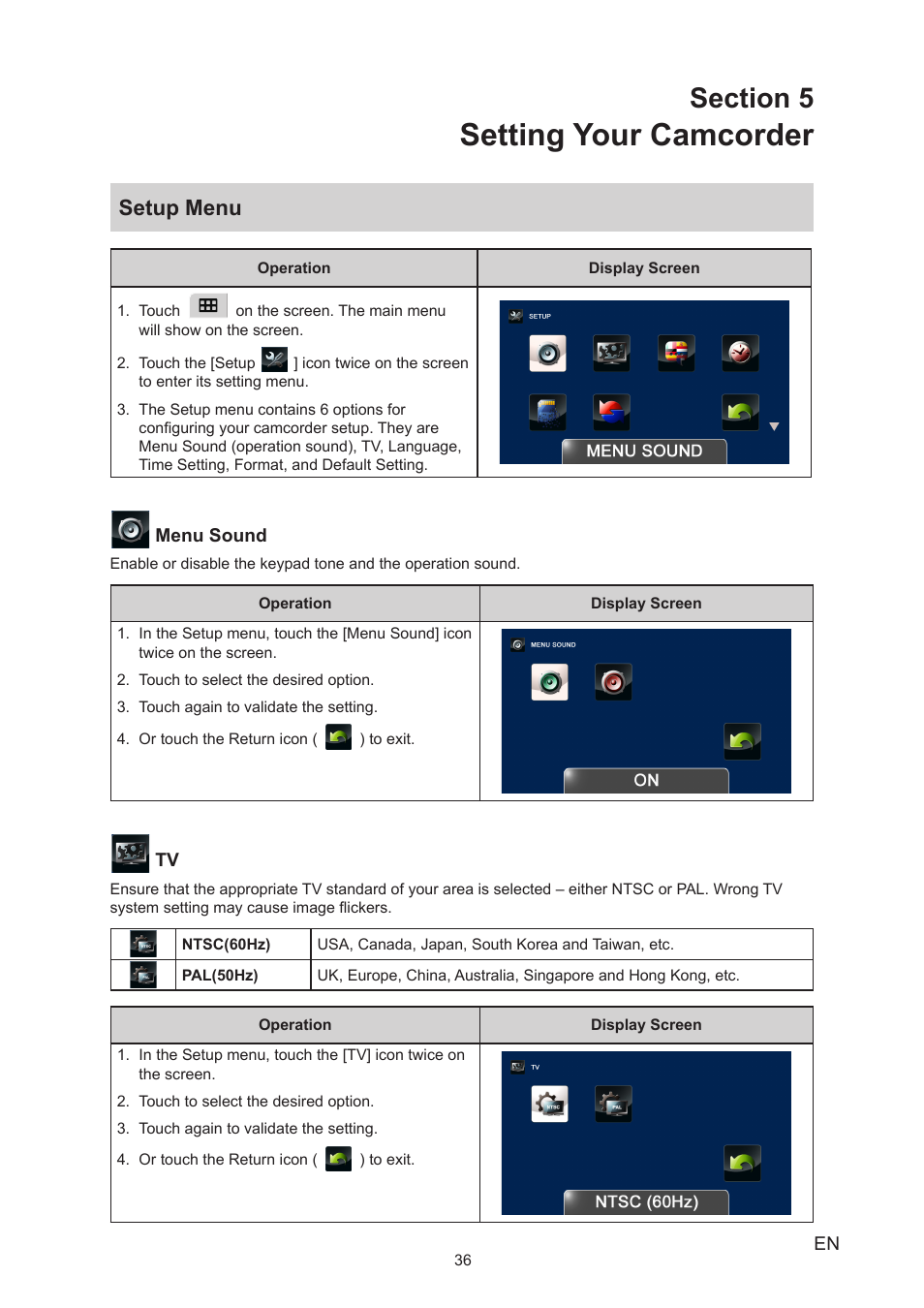 Section 5 setting your camcorder, Setup menu, Setting your camcorder | Toshiba Camileo P100 User Manual | Page 36 / 51