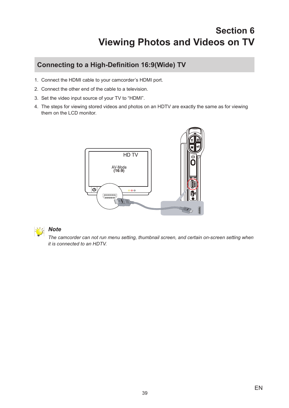 Section 6 viewing photos and videos on tv, Connecting to a high-definition 16:9(wide) tv, Viewing photos and videos on tv | Toshiba Camileo P100 User Manual | Page 39 / 51