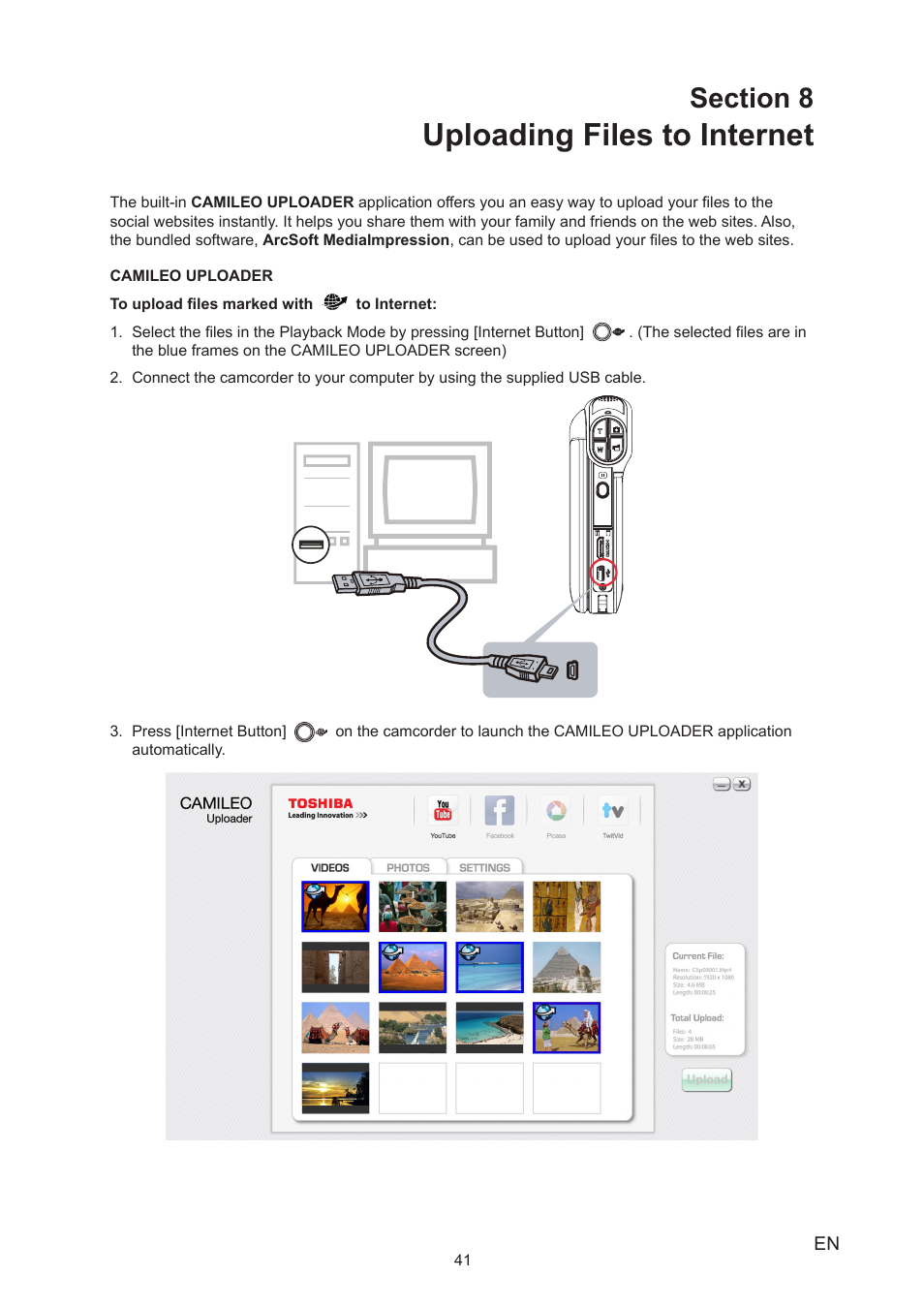 Section 8 uploading files to internet, Uploading files to internet | Toshiba Camileo P100 User Manual | Page 41 / 51