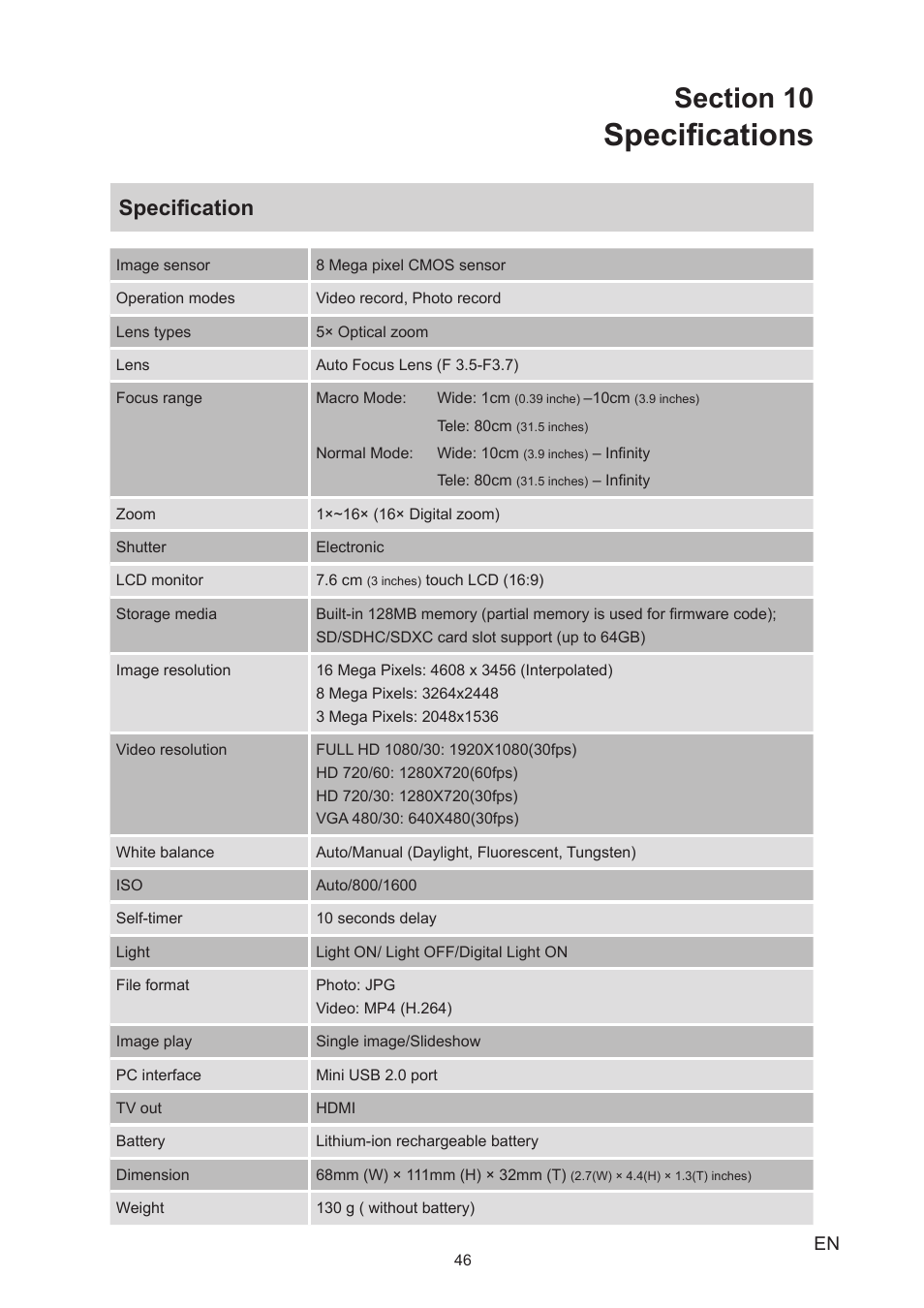 Section 10 specifications, Specifications, Specification | Toshiba Camileo P100 User Manual | Page 46 / 51