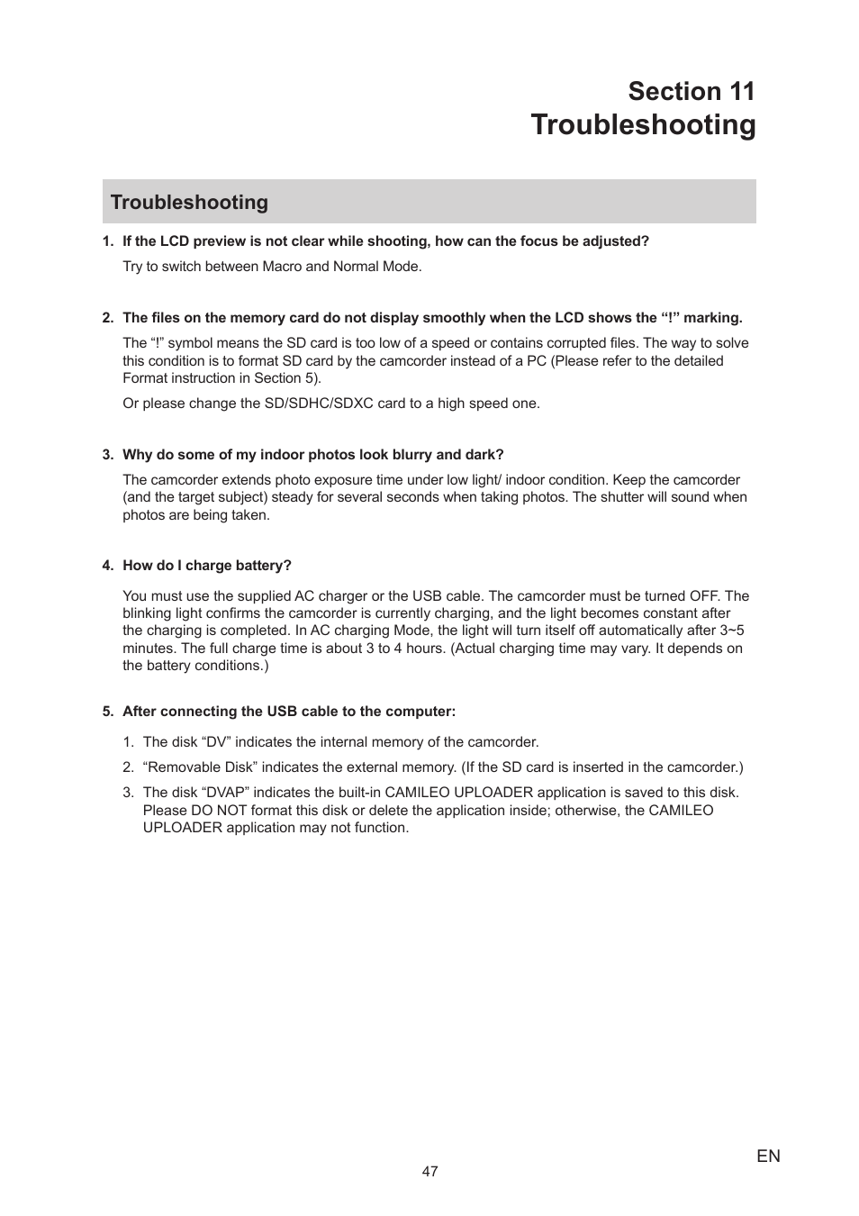 Section 11 troubleshooting, Troubleshooting | Toshiba Camileo P100 User Manual | Page 47 / 51