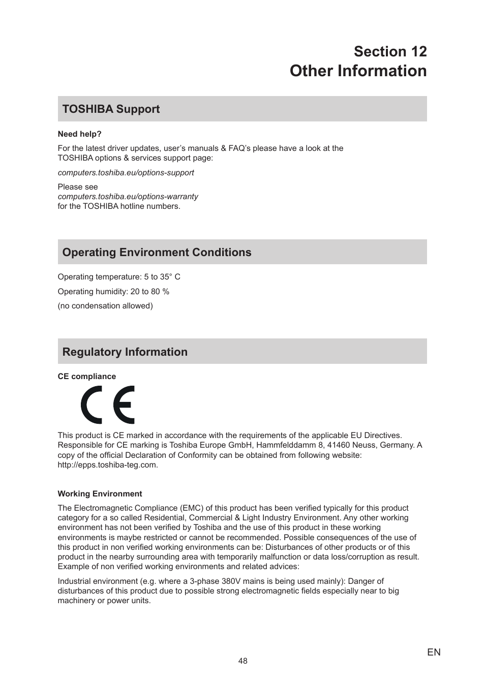 Section 12 other information, Toshiba support, Operating environment conditions | Regulatory information, Other information | Toshiba Camileo P100 User Manual | Page 48 / 51