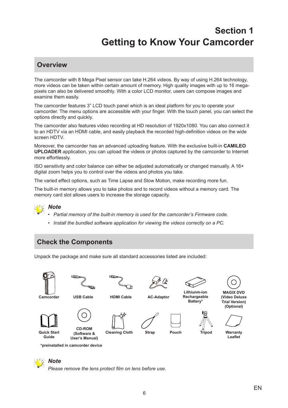 Section 1 getting to know your camcorder, Overview, Check the components | Overview check the components, Getting to know your camcorder | Toshiba Camileo P100 User Manual | Page 6 / 51