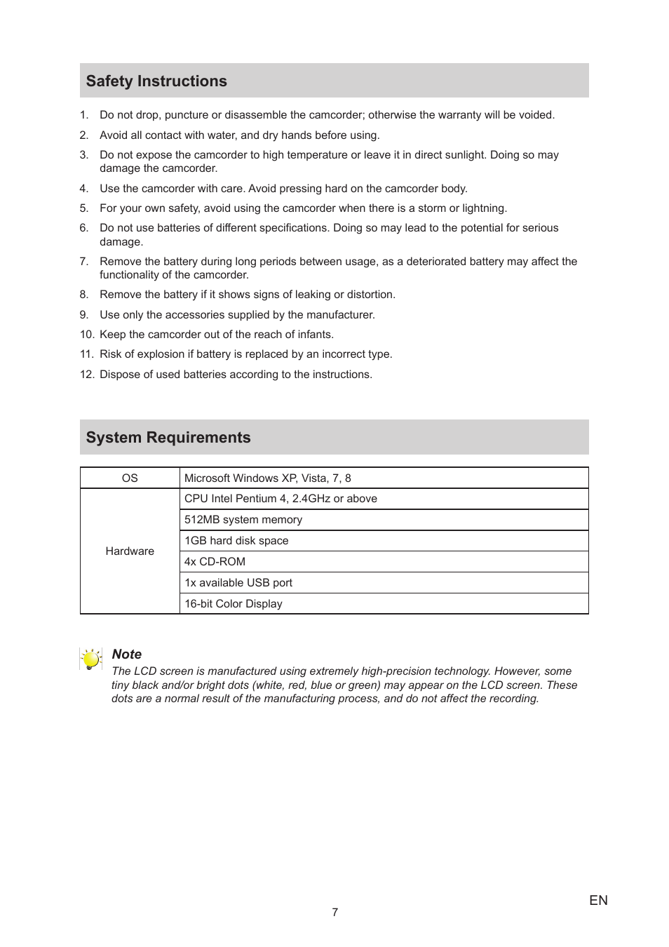 Safety instructions, System requirements, Safety instructions system requirements | Toshiba Camileo P100 User Manual | Page 7 / 51