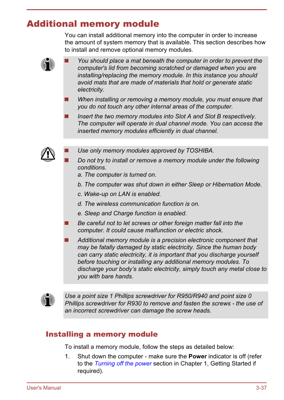 Additional memory module, Installing a memory module, Additional memory module -37 | Section in | Toshiba Portege R930 User Manual | Page 102 / 195