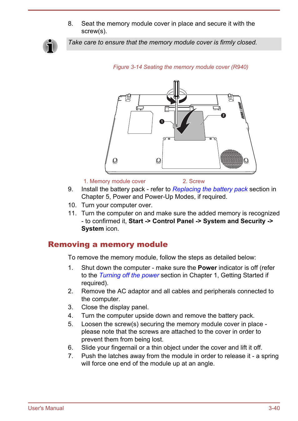 Removing a memory module | Toshiba Portege R930 User Manual | Page 105 / 195