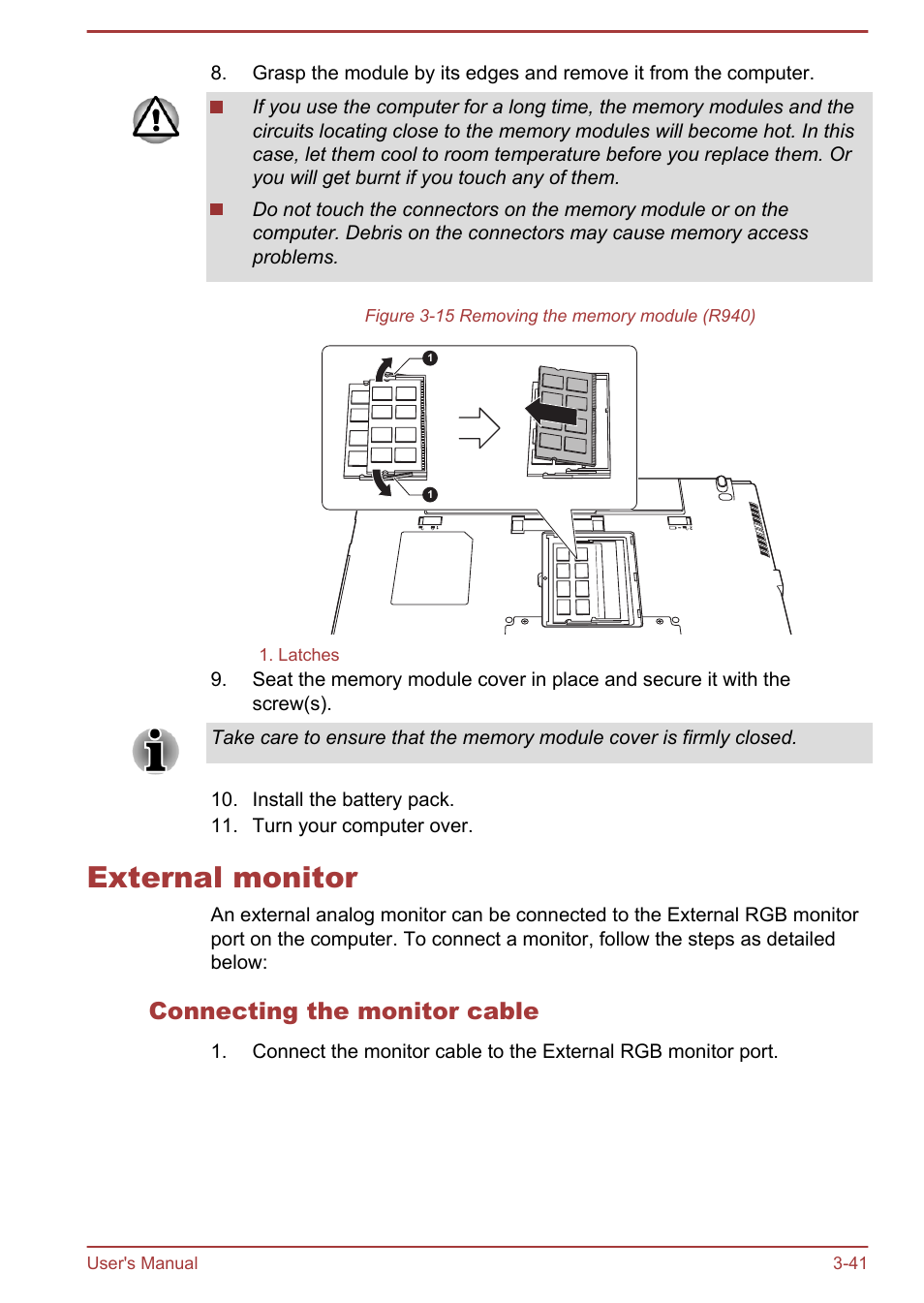 External monitor, Connecting the monitor cable, External monitor -41 | Toshiba Portege R930 User Manual | Page 106 / 195