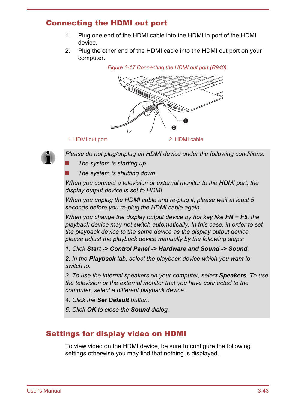 Connecting the hdmi out port, Settings for display video on hdmi | Toshiba Portege R930 User Manual | Page 108 / 195