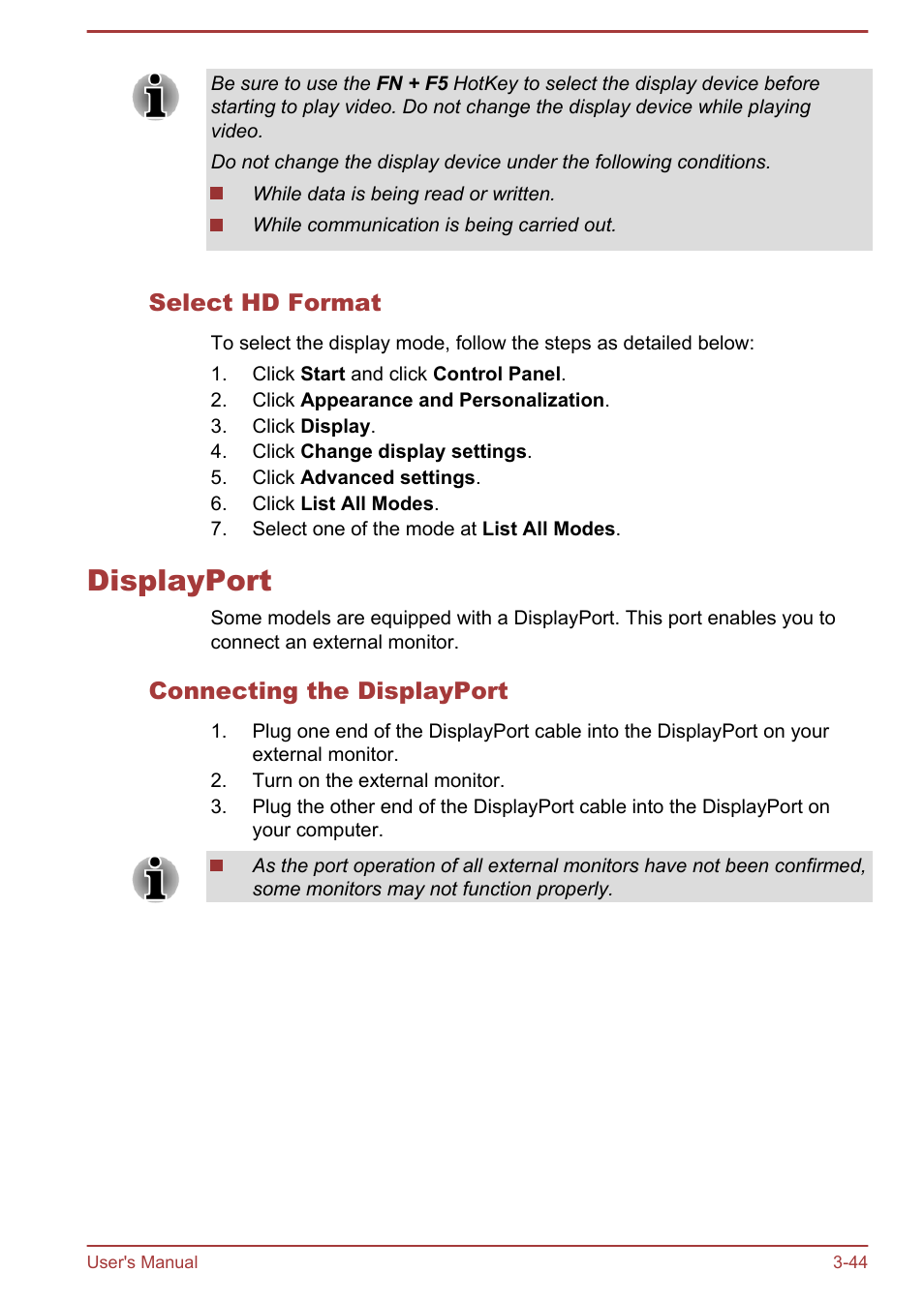 Select hd format, Displayport, Connecting the displayport | Displayport -44 | Toshiba Portege R930 User Manual | Page 109 / 195