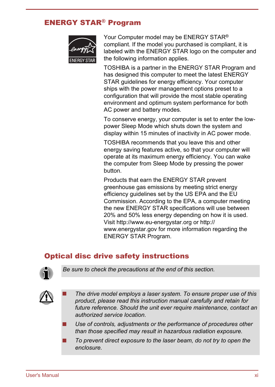 Energy star, Program, Optical disc drive safety instructions | Toshiba Portege R930 User Manual | Page 11 / 195