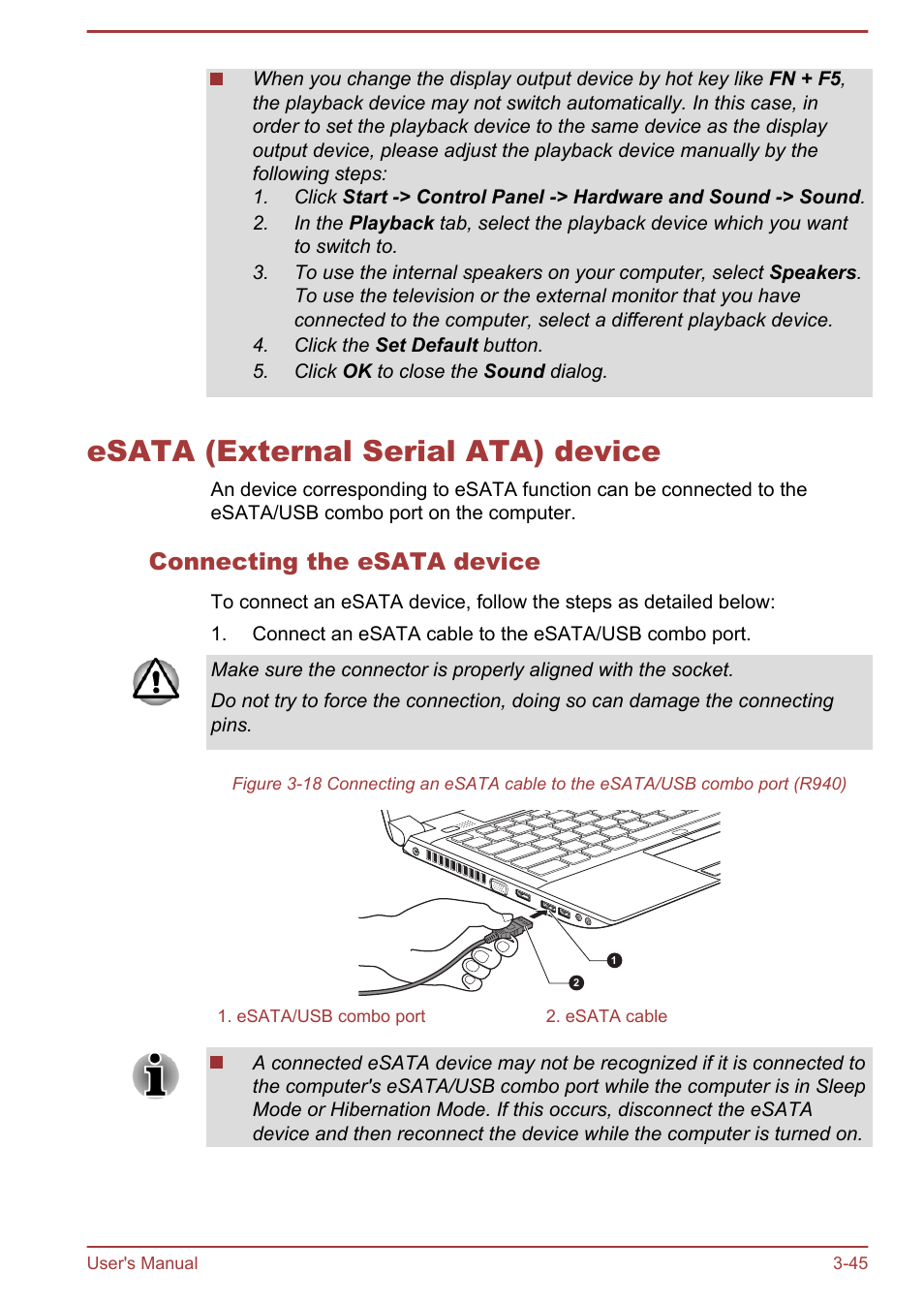 Esata (external serial ata) device, Connecting the esata device, Esata (external serial ata) device -45 | Toshiba Portege R930 User Manual | Page 110 / 195