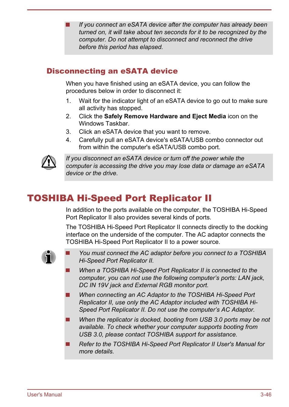 Disconnecting an esata device, Toshiba hi-speed port replicator ii, Toshiba hi-speed port replicator ii -46 | Toshiba Portege R930 User Manual | Page 111 / 195