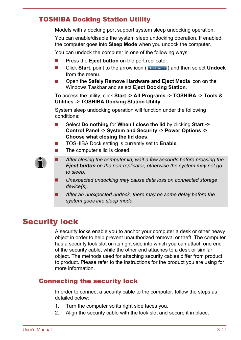 Toshiba docking station utility, Security lock, Connecting the security lock | Security lock -47 | Toshiba Portege R930 User Manual | Page 112 / 195