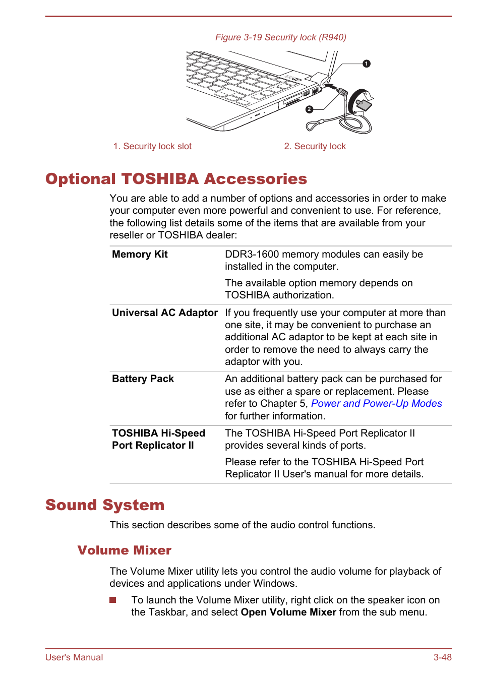 Optional toshiba accessories, Sound system, Volume mixer | Optional toshiba accessories -48 sound system -48, To the, Section in chapter 3 | Toshiba Portege R930 User Manual | Page 113 / 195