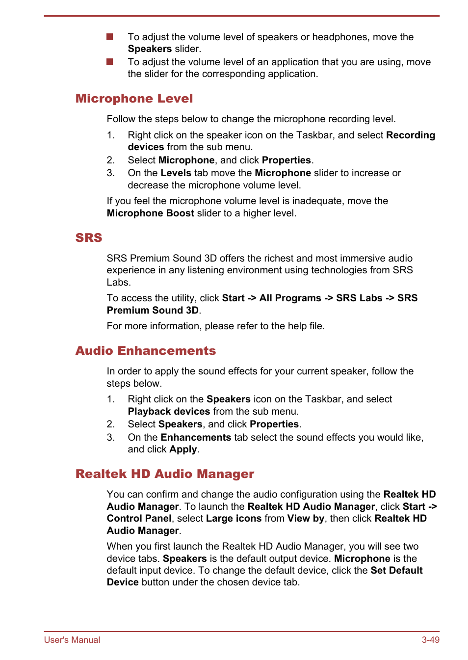 Microphone level, Audio enhancements, Realtek hd audio manager | Toshiba Portege R930 User Manual | Page 114 / 195