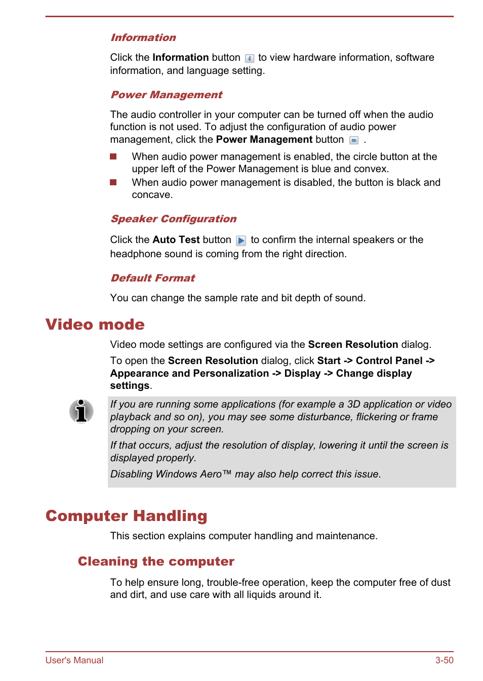 Video mode, Computer handling, Cleaning the computer | Video mode -50 computer handling -50 | Toshiba Portege R930 User Manual | Page 115 / 195