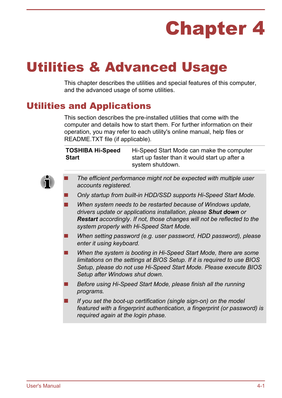 Chapter 4 utilities & advanced usage, Utilities and applications, Chapter 4 | Utilities & advanced usage, Utilities and applications -1 | Toshiba Portege R930 User Manual | Page 118 / 195