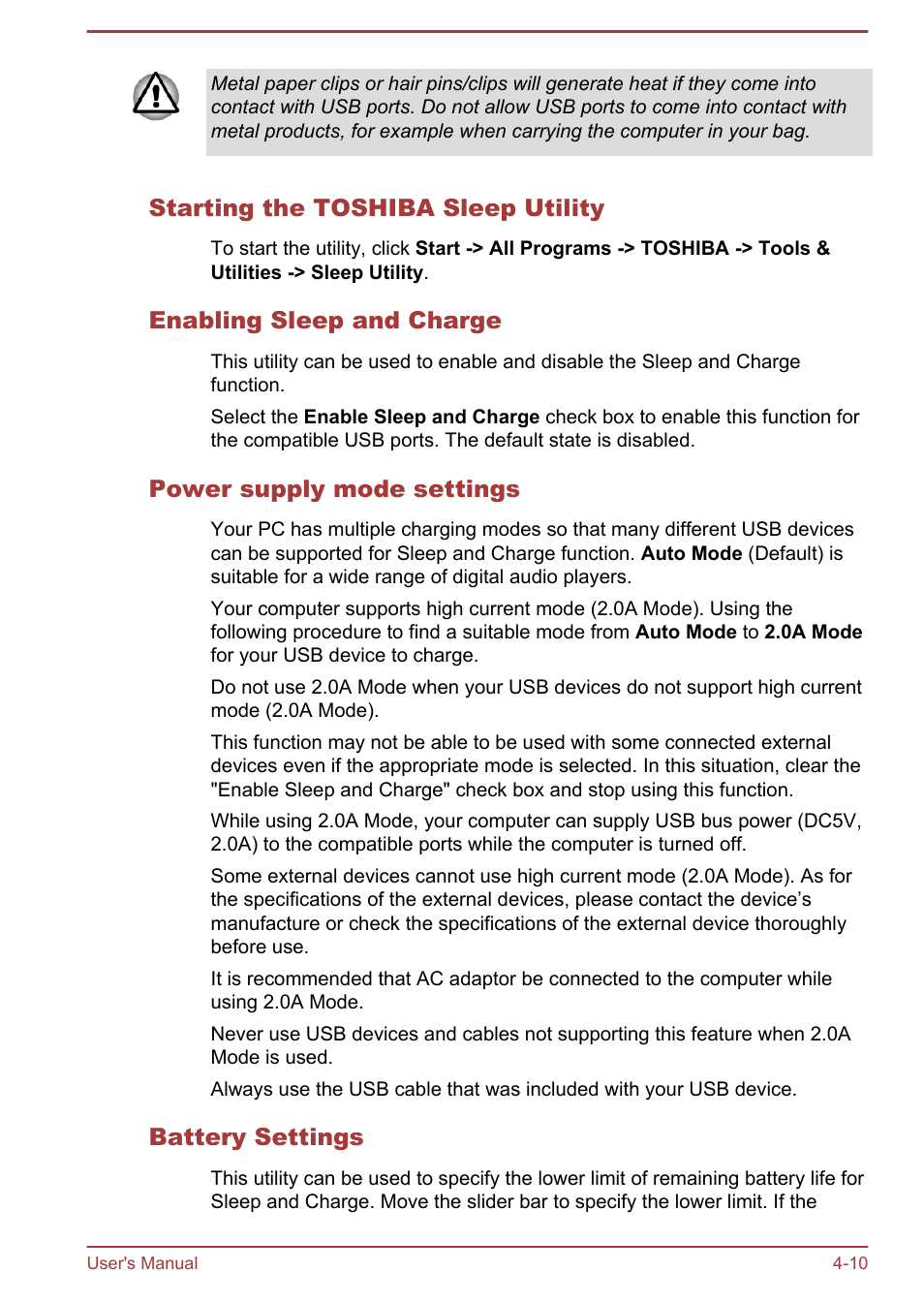 Starting the toshiba sleep utility, Enabling sleep and charge, Power supply mode settings | Battery settings | Toshiba Portege R930 User Manual | Page 127 / 195