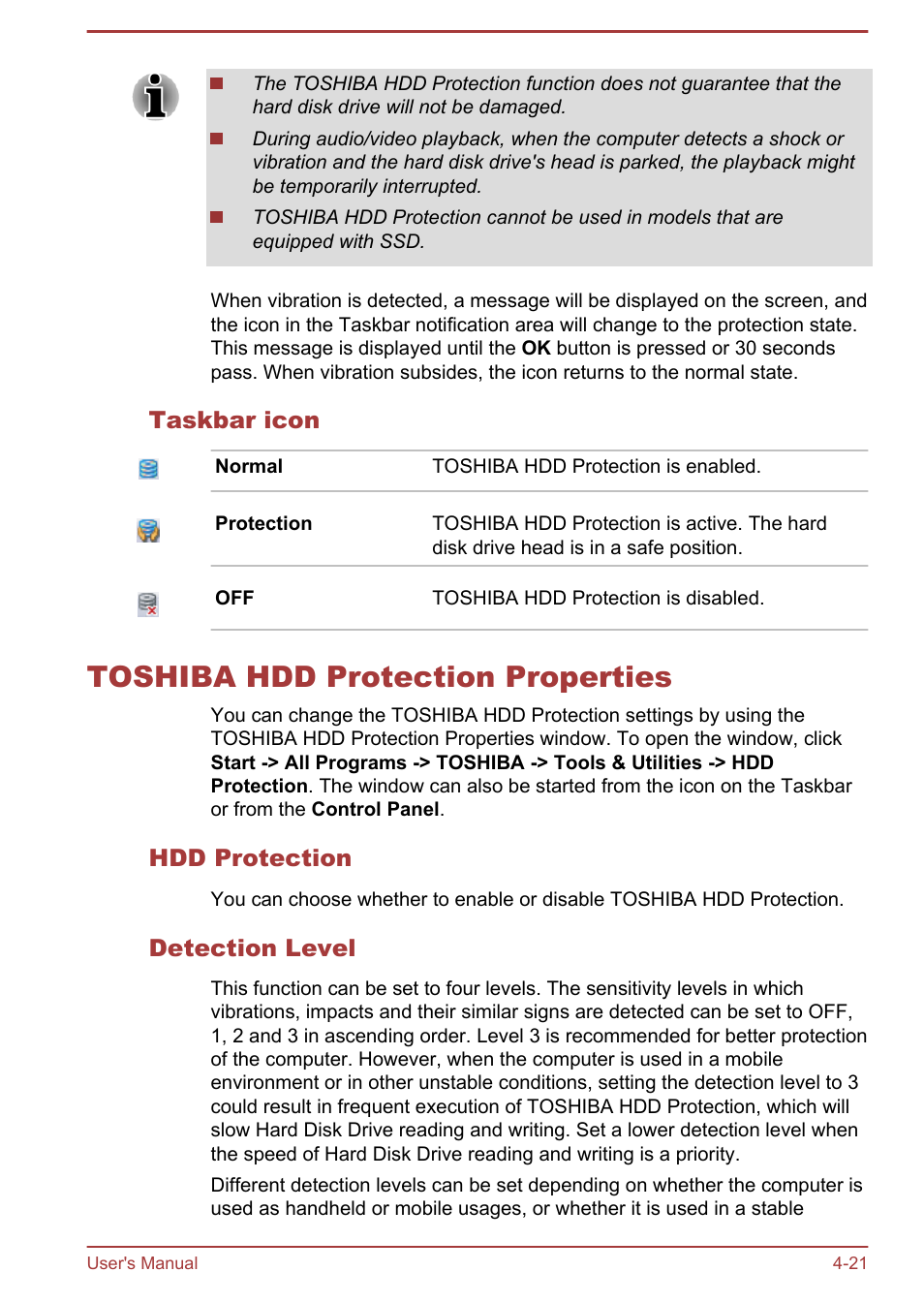 Taskbar icon, Toshiba hdd protection properties, Hdd protection | Detection level, Toshiba hdd protection properties -21 | Toshiba Portege R930 User Manual | Page 138 / 195